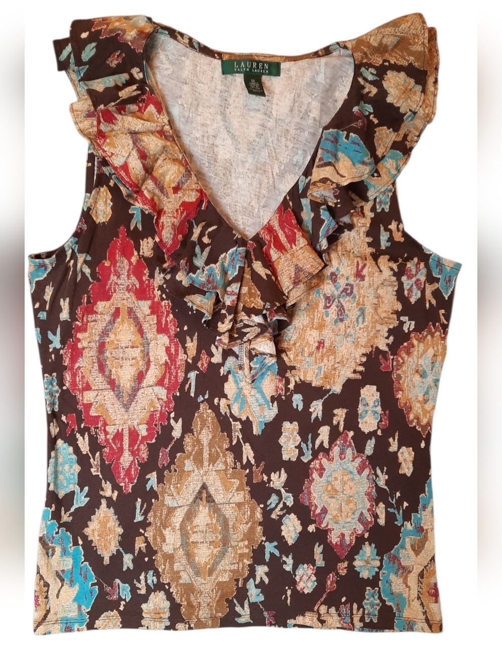 LAUREN Ralph Lauren Blouse Womans Medium Brown Sleeveless Ruffle Preppy Western